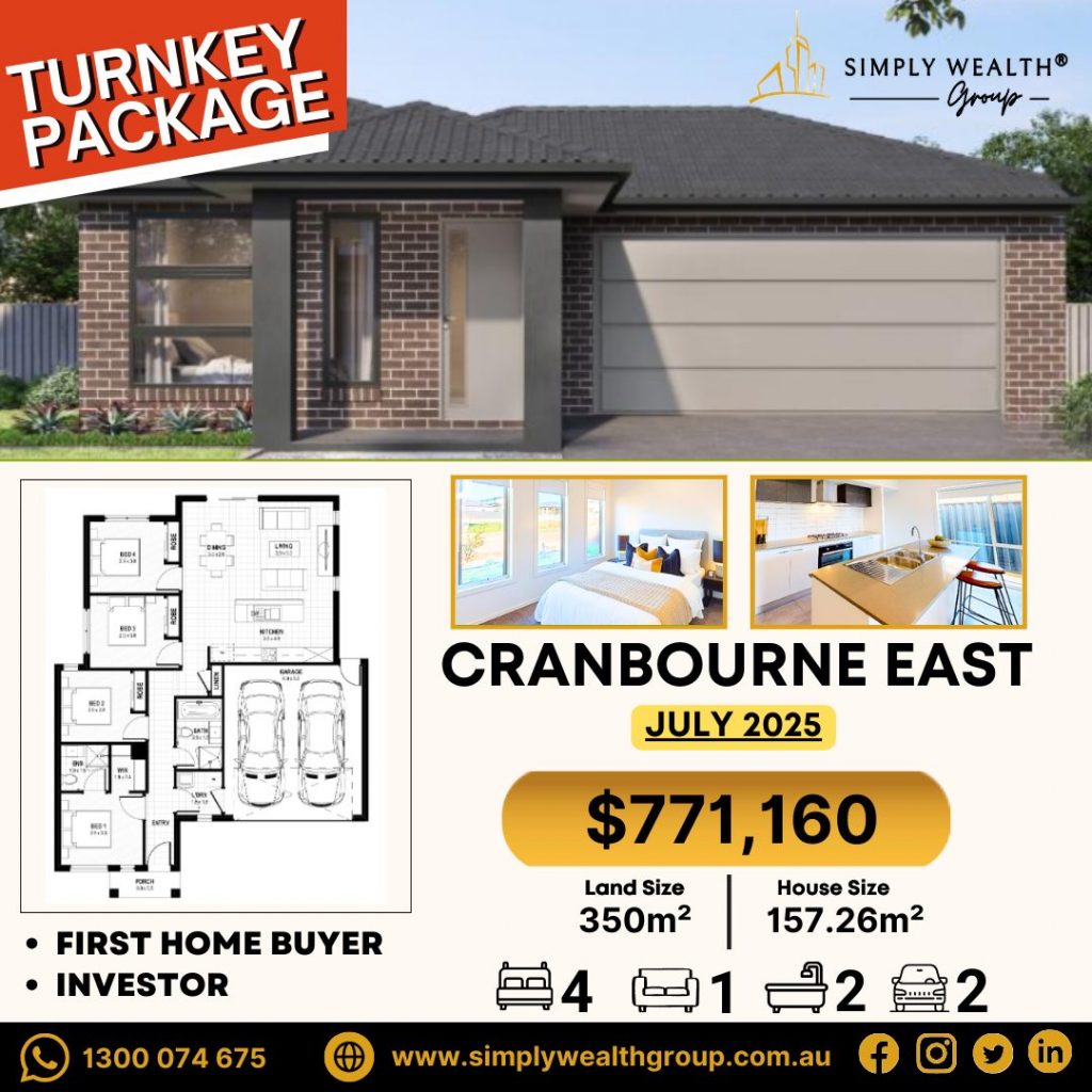 Secure your dream home in Cranbourne East, one of Melbourne’s fastest-growing suburbs! Priced at $771,160, this 350m² land (157.26m² house) offers modern comfort and strong investment potential. ✨ Home Features: ✅ 4 Bedrooms | 1 Living | 2 Bathrooms | 2-Car Garage ✅ Stylish kitchen with premium finishes ✅ Spacious open-plan design for family living ✅ Quality fittings and energy-efficient features ✅ Turnkey package – Move in stress-free! 🌟 Why Choose Cranbourne East? ✔ Thriving community with parks, schools & shopping nearby ✔ Strong capital growth and high rental demand ✔ Convenient access to transport, highways & lifestyle amenities 📞 Don’t miss out! Call 1300 074 675 today to secure your future!